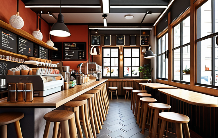 **AI-designed cafe interior:** A cafe interior designed by AI, reflecting customer traffic patterns and preferences, with unique regional elements.